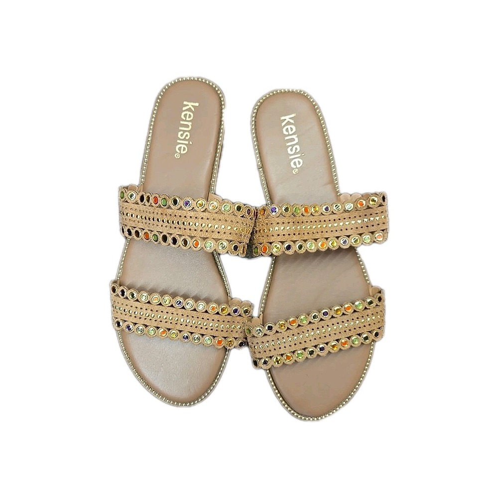 Kensie Mina Tan Jewel Tone Studded Slip On Flat Sandals Slides Size 9.5